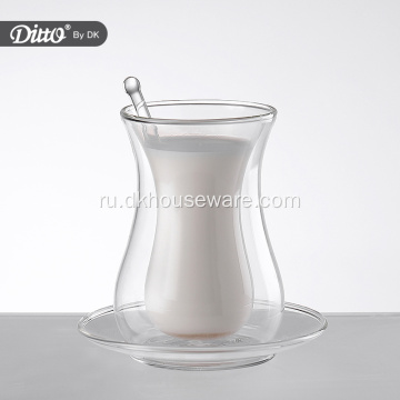 Стеклянная чашка с двойными стенками и набор ложек для блюдца
